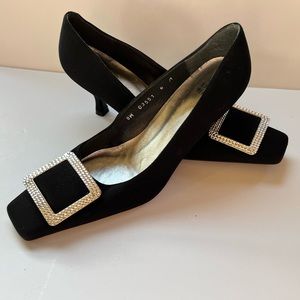 Stuart Weitzman Black Satin Kitten Heel Pumps